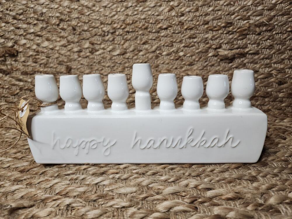 Mud Pie Happy Hanukkah White Ceramic Menorah Jewish Candle Holder Christmas